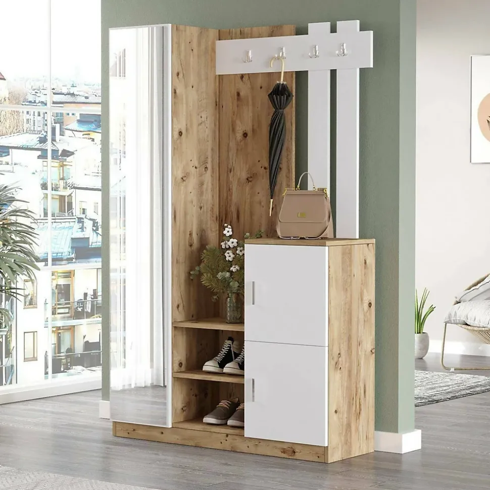 Meuble d'entrée Dgagn, Crochet d'entrée, Console de rangement multifonction, 114x38h180 cm, Chêne et Blanc