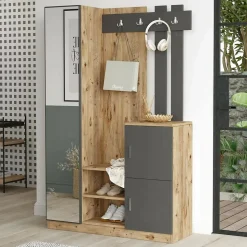 Meuble d'entrée Dgagn, Crochet d'entrée, Console de rangement multifonction, 114x38h180 cm, Chêne et Anthracite