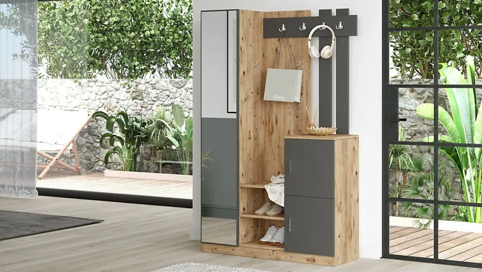Meuble d'entrée Dgagn, Crochet d'entrée, Console de rangement multifonction, 114x38h180 cm, Chêne et Anthracite