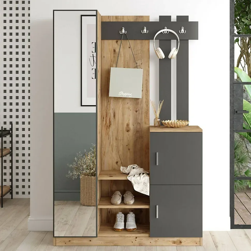 Meuble d'entrée Dgagn, Crochet d'entrée, Console de rangement multifonction, 114x38h180 cm, Chêne et Anthracite