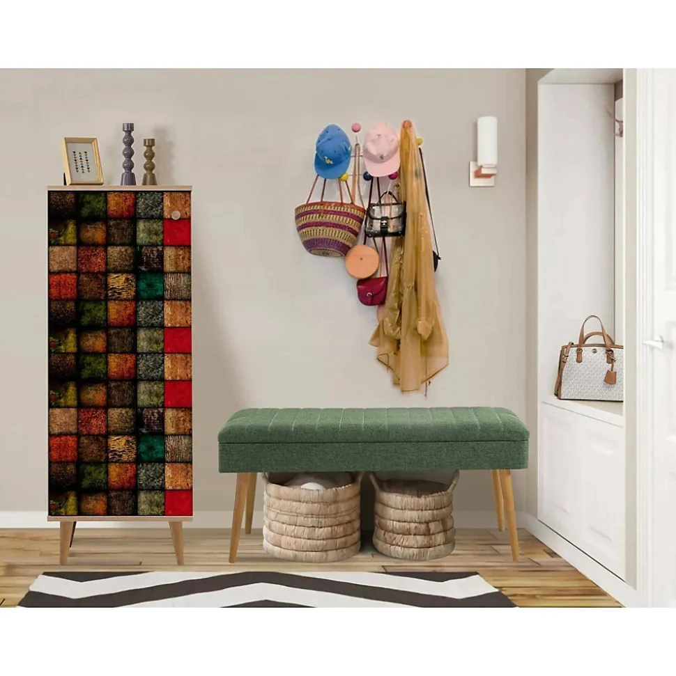 Meuble d'entrée Dgallett, Crochet d'entrée, Console de rangement multifonction, 50x38h135 cm, Chêne et Vert