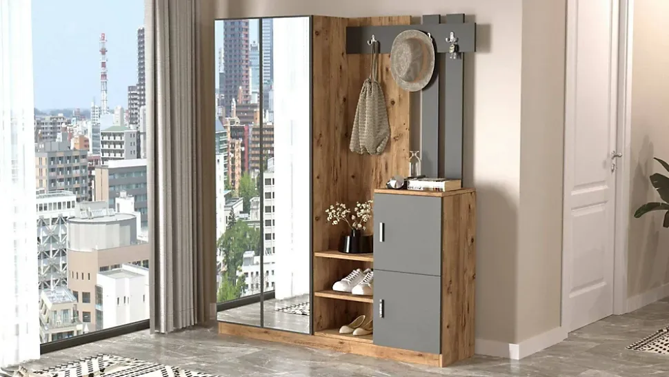 Meuble d'entrée Dgautier, Crochet d'entrée, Console de rangement multifonction, 147x38h180 cm, Chêne et Anthracite