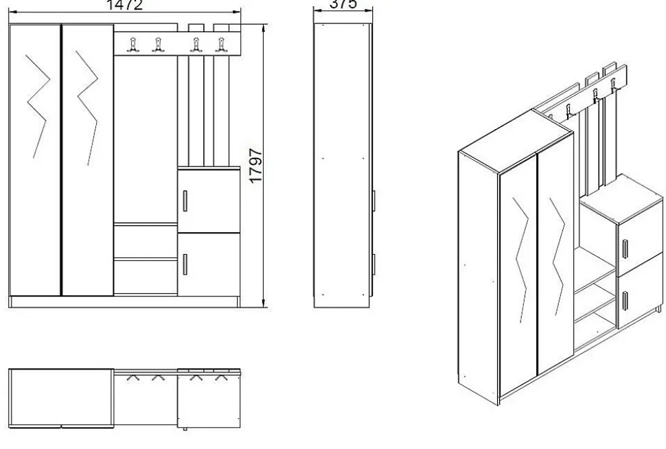 Meuble d'entrée Dgautier, Crochet d'entrée, Console de rangement multifonction, 147x38h180 cm, Chêne et Anthracite