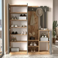 Meuble d'entrée Dgautier, Crochet d'entrée, Console de rangement multifonction, 147x38h180 cm, Chêne et Anthracite