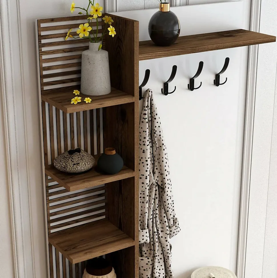 Meuble d'entrée Dghilard, Crochet d'entrée, Console de rangement multifonction, 90x35h200 cm, Noyer et Blanc