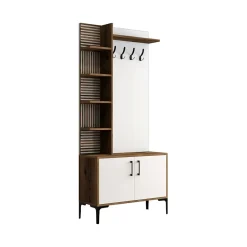 Meuble d'entrée Dghilard, Crochet d'entrée, Console de rangement multifonction, 90x35h200 cm, Noyer et Blanc