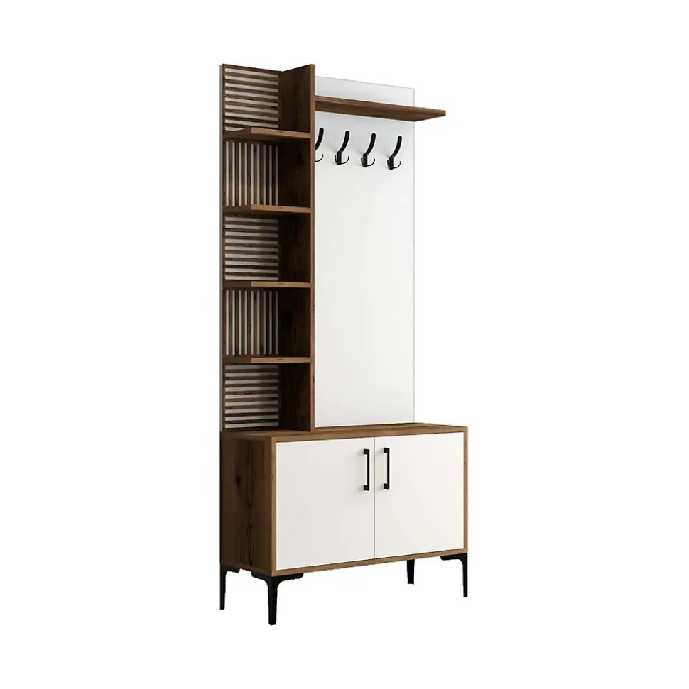 Meuble d'entrée Dghilard, Crochet d'entrée, Console de rangement multifonction, 90x35h200 cm, Noyer et Blanc