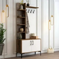 Meuble d'entrée Dghilard, Crochet d'entrée, Console de rangement multifonction, 90x35h200 cm, Noyer et Blanc