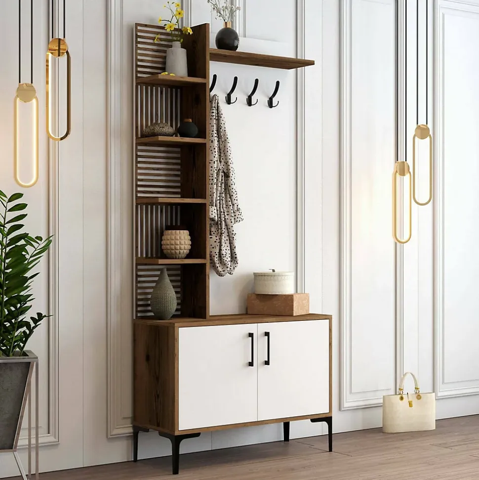 Meuble d'entrée Dghilard, Crochet d'entrée, Console de rangement multifonction, 90x35h200 cm, Noyer et Blanc