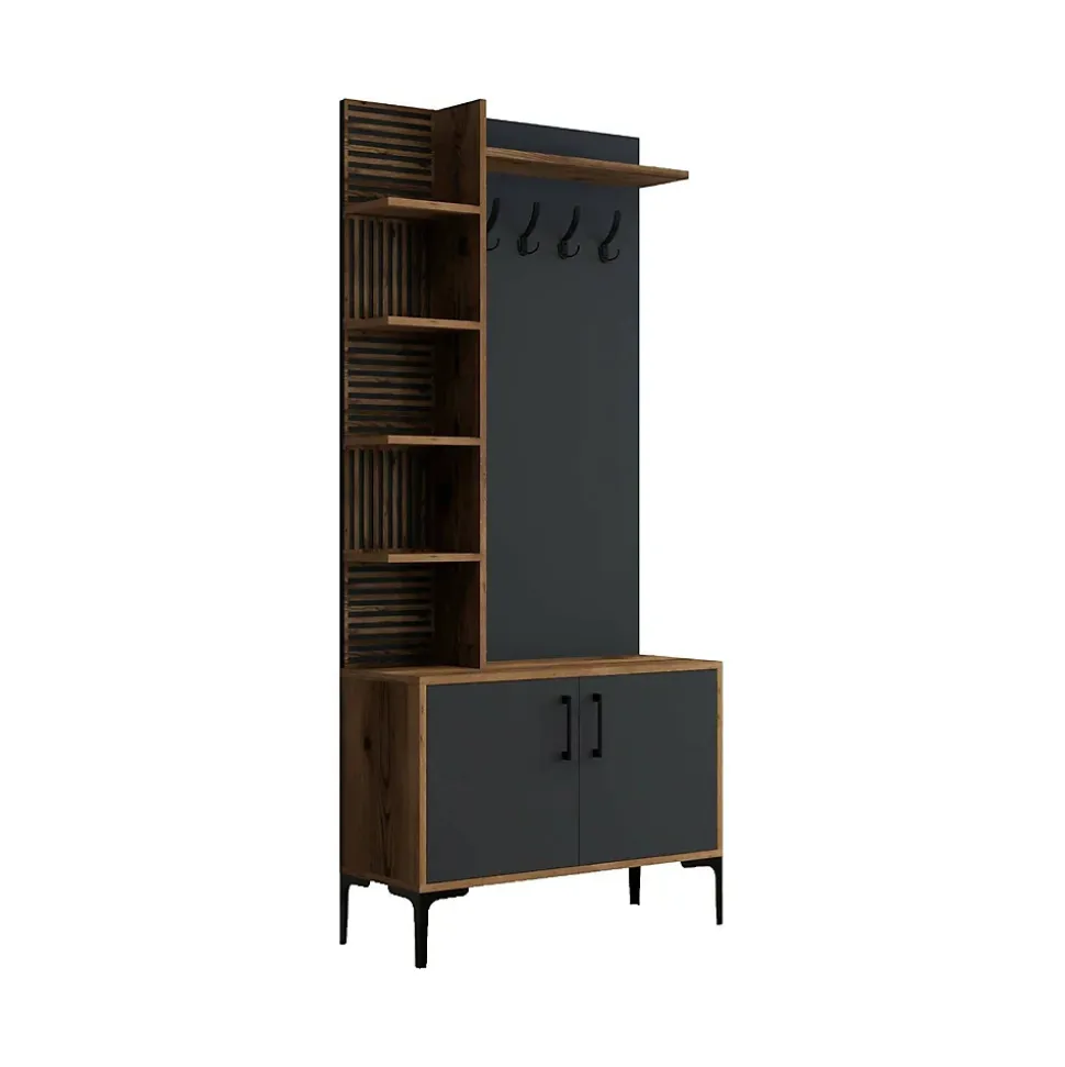 Meuble d'entrée Dghilard, Crochet d'entrée, Console de rangement multifonction, 90x35h200 cm, Noyer et Anthracite