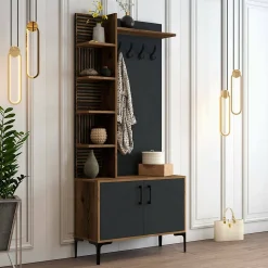 Meuble d'entrée Dghilard, Crochet d'entrée, Console de rangement multifonction, 90x35h200 cm, Noyer et Anthracite