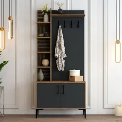 Meuble d'entrée Dghilard, Crochet d'entrée, Console de rangement multifonction, 90x35h200 cm, Noyer et Anthracite