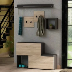 Meuble d'entrée Dgiorgin, Crochet d'entrée, Console de rangement multifonction, 120x17h76 cm, Anthracite et chêne