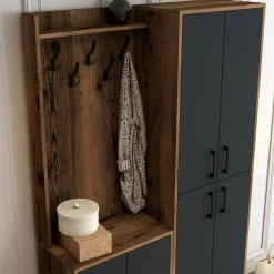 Meuble d'entrée Dgottard, Crochet d'entrée, Console de rangement multifonction, 120x35h200 cm, Noyer et Anthracite