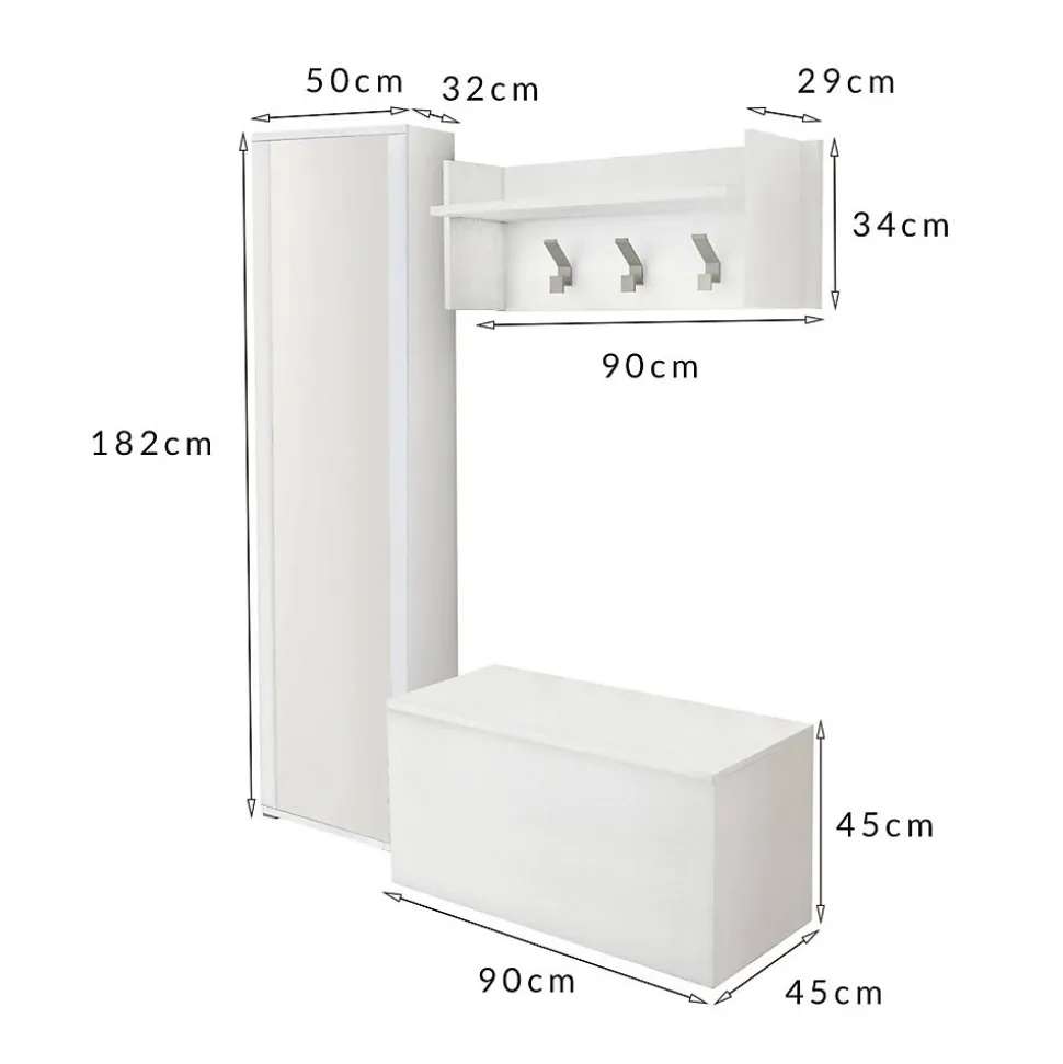Meuble d'entrée Djohnse, Entrée moderne avec portemanteau, Armoire avec miroir, Cm 50x32h182, Blanc