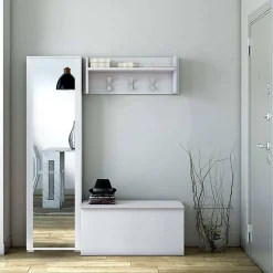 Meuble d'entrée Djohnse, Entrée moderne avec portemanteau, Armoire avec miroir, Cm 50x32h182, Blanc