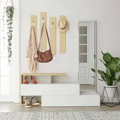 Meuble d'entrée Dmartne, Crochet d'entrée, Console de rangement multifonction, 137x35h55 cm, Blanc et chêne
