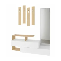 Meuble d'entrée Dmartne, Crochet d'entrée, Console de rangement multifonction, 137x35h55 cm, Blanc et chêne