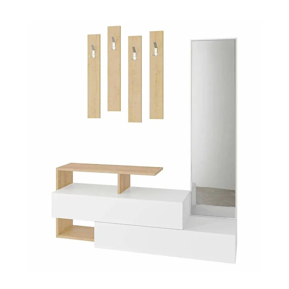 Meuble d'entrée Dmartne, Crochet d'entrée, Console de rangement multifonction, 137x35h55 cm, Blanc et chêne
