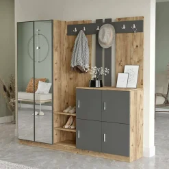 Meuble d'entrée Dnikolao, Crochet d'entrée, Console de rangement multifonction, 187x38h180 cm, Chêne et Anthracite