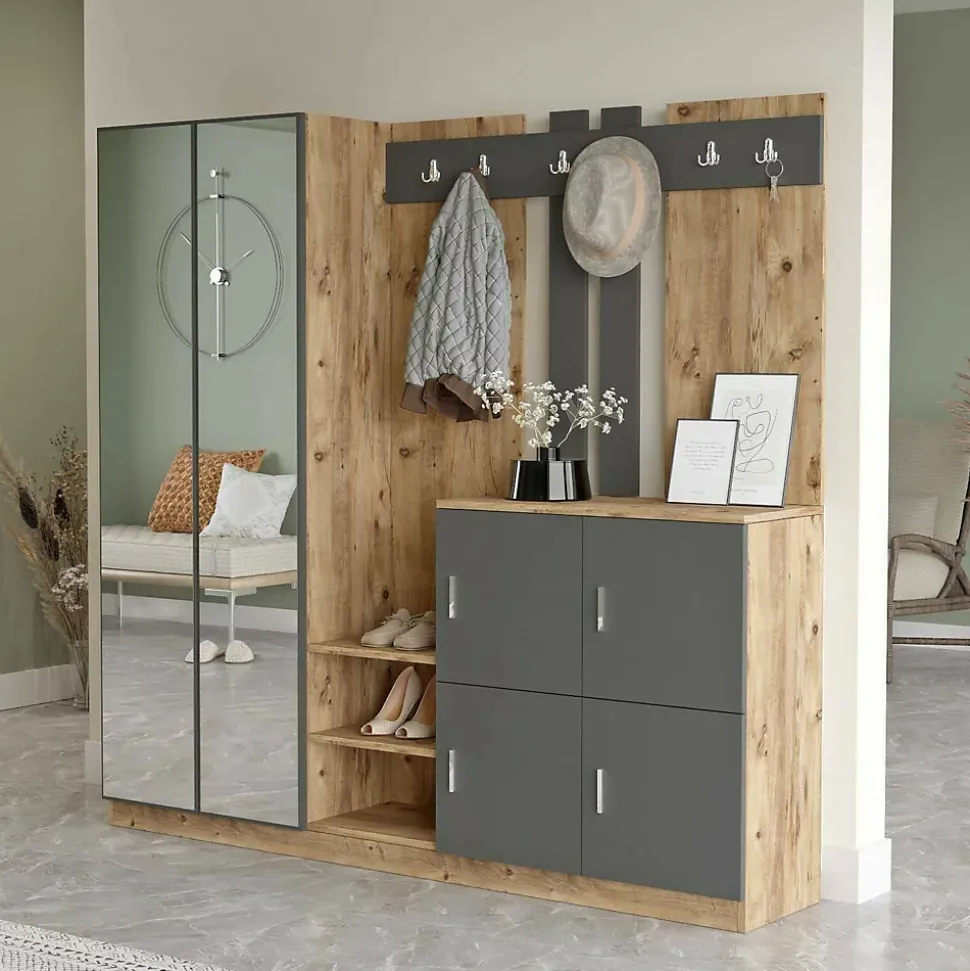Meuble d'entrée Dnikolao, Crochet d'entrée, Console de rangement multifonction, 187x38h180 cm, Chêne et Anthracite