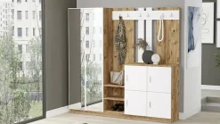 Meuble d'entrée Dnikolao, Crochet d'entrée, Console de rangement multifonction, 187x38h180 cm, Chêne et Blanc