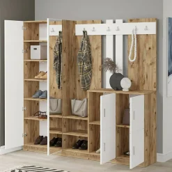 Meuble d'entrée Dnikolao, Crochet d'entrée, Console de rangement multifonction, 187x38h180 cm, Chêne et Blanc