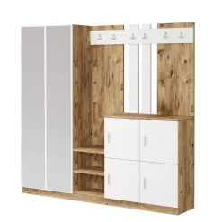 Meuble d'entrée Dnikolao, Crochet d'entrée, Console de rangement multifonction, 187x38h180 cm, Chêne et Blanc