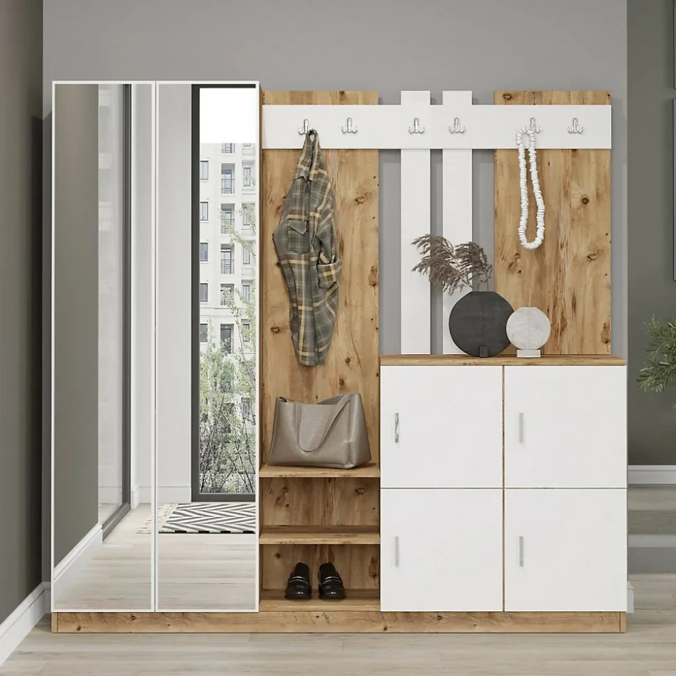 Meuble d'entrée Dnikolao, Crochet d'entrée, Console de rangement multifonction, 187x38h180 cm, Chêne et Blanc