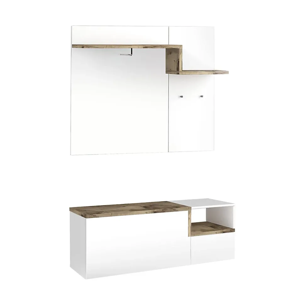 Meuble d'entrée Dpace, entrée multifonction moderne, casier polyvalent pour hall d'entrée, 120x40h54 cm, blanc brillant et Erable