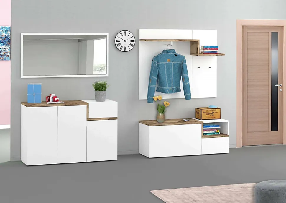 Meuble d'entrée Dpace, entrée multifonction moderne, casier polyvalent pour hall d'entrée, 120x40h54 cm, blanc brillant et Erable