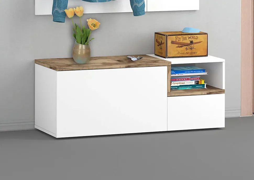 Meuble d'entrée Dpace, entrée multifonction moderne, casier polyvalent pour hall d'entrée, 120x40h54 cm, blanc brillant et Erable