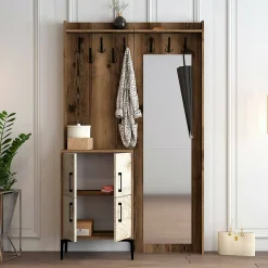 Meuble d'entrée Dperron, Crochet d'entrée, Console de rangement multifonction, 120x35h200 cm, Noyer et Blanc