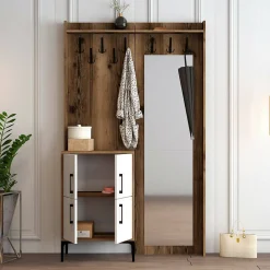 Meuble d'entrée Dperron, Crochet d'entrée, Console de rangement multifonction, 120x35h200 cm, Noyer et Blanc