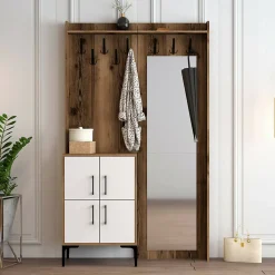 Meuble d'entrée Dperron, Crochet d'entrée, Console de rangement multifonction, 120x35h200 cm, Noyer et Blanc