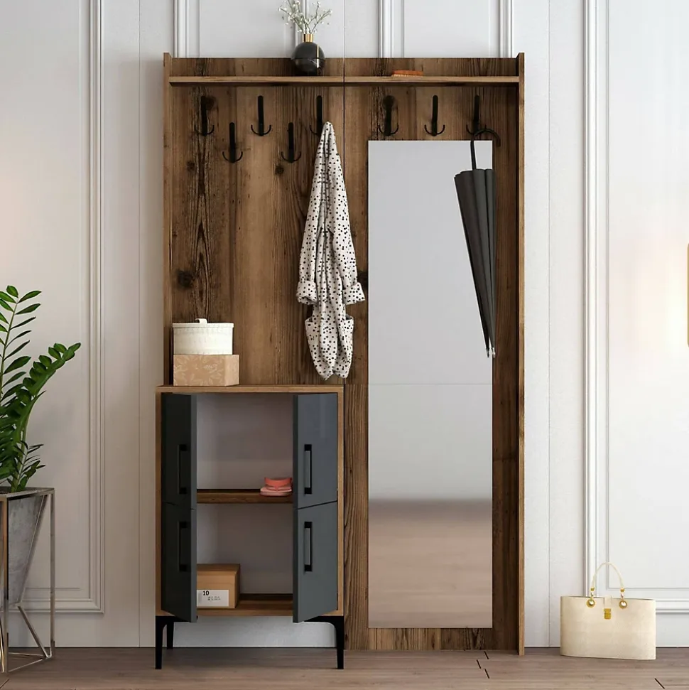 Meuble d'entrée Dperron, Crochet d'entrée, Console de rangement multifonction, 120x35h200 cm, Noyer et Anthracite
