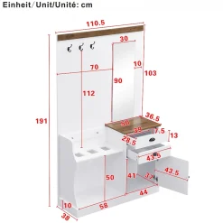 Meuble D'entrée 4-en-1 - Miroir + Tiroirs + Cintres + Porte-parapluie - Fonctionnel - Blanc