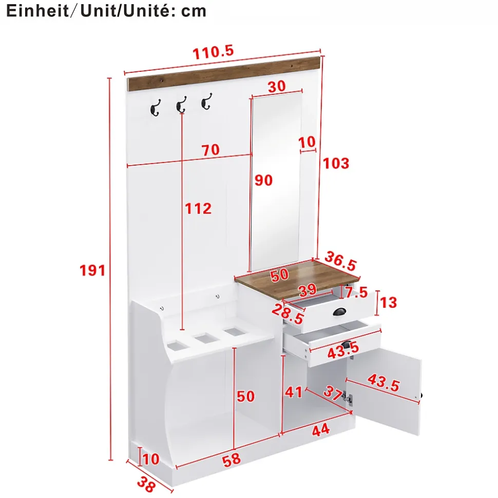 Meuble D'entrée 4-en-1 - Miroir + Tiroirs + Cintres + Porte-parapluie - Fonctionnel - Blanc
