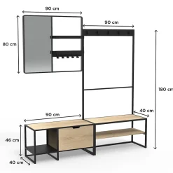 Meuble d'entrée en métal noir et bois 5 patères banc et miroir l. 180 cm Homesight Wilko