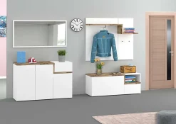 Meuble d'entrée Ezio, entrée multifonction moderne, casier polyvalent pour hall d'entrée, 120x30h100 cm, blanc brillant et érable