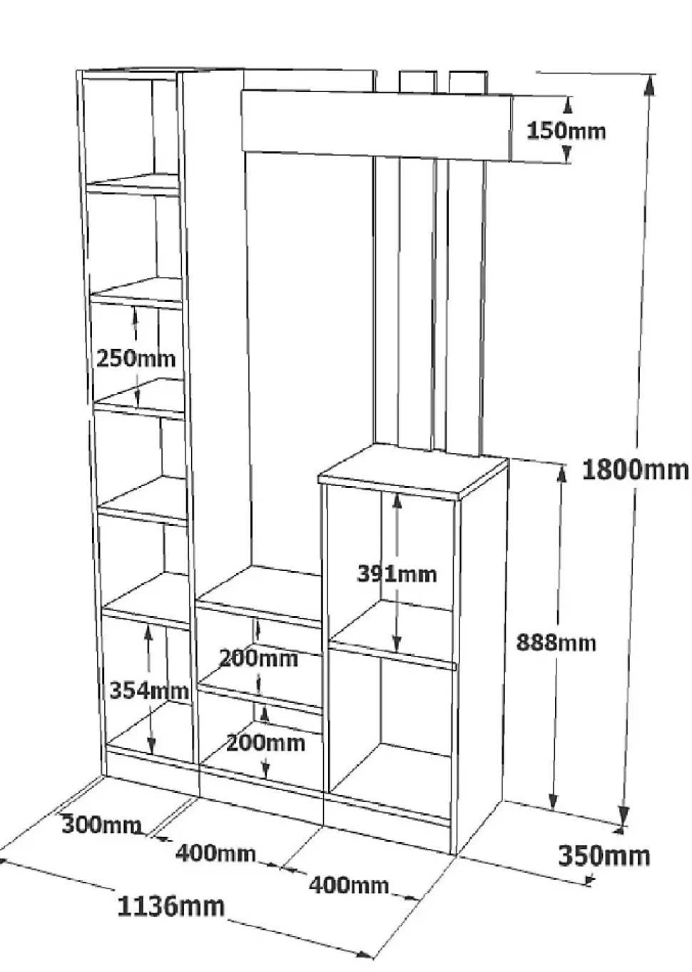 Meuble d'entrée Fernand, Crochet d'entrée, Composition pour l'atrium, Console de rangement multifonction, 114x35 h180 cm, Blanc