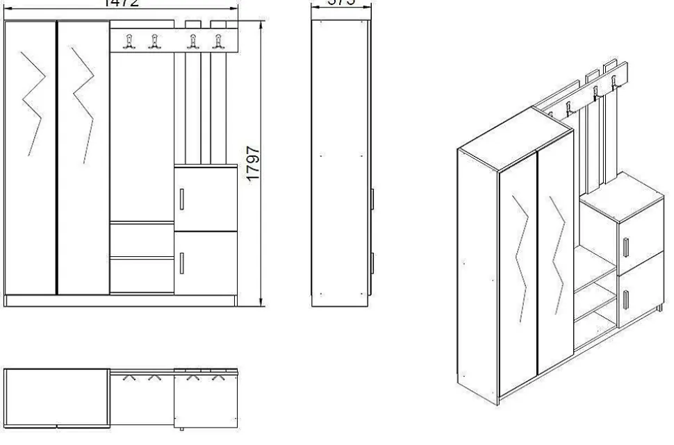 Meuble d'entrée Hene, Crochet d'entrée, Composition pour l'atrium, Console de rangement multifonction, 147x38 h180 cm, Blanc