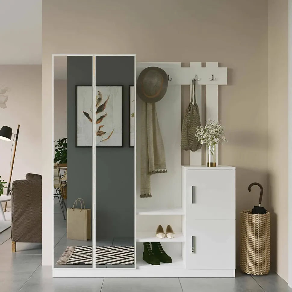 Meuble d'entrée Hene, Crochet d'entrée, Composition pour l'atrium, Console de rangement multifonction, 147x38 h180 cm, Blanc