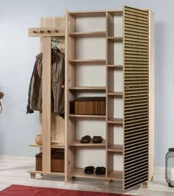 Meuble d'entrée Liana, Crochet d'entrée, Composition pour l'atrium, Console de rangement multifonction, 135x36h194 cm, Chêne