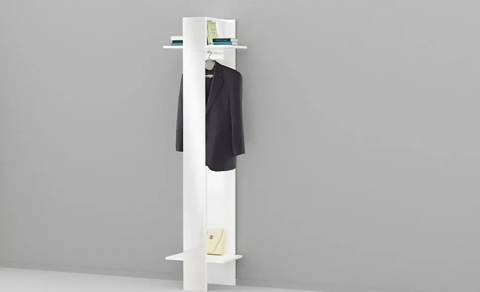 Meuble d'entrée Maura, Armoire multifonctionnelle, Cintre mural avec miroir, 50x35h190 cm, Blanc