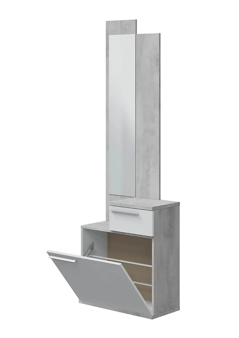 Meuble d'entrée, meuble de rangement coloris gris cendre, blanc brillant - longueur 61 x hauteur 185 x profondeur 28 cm