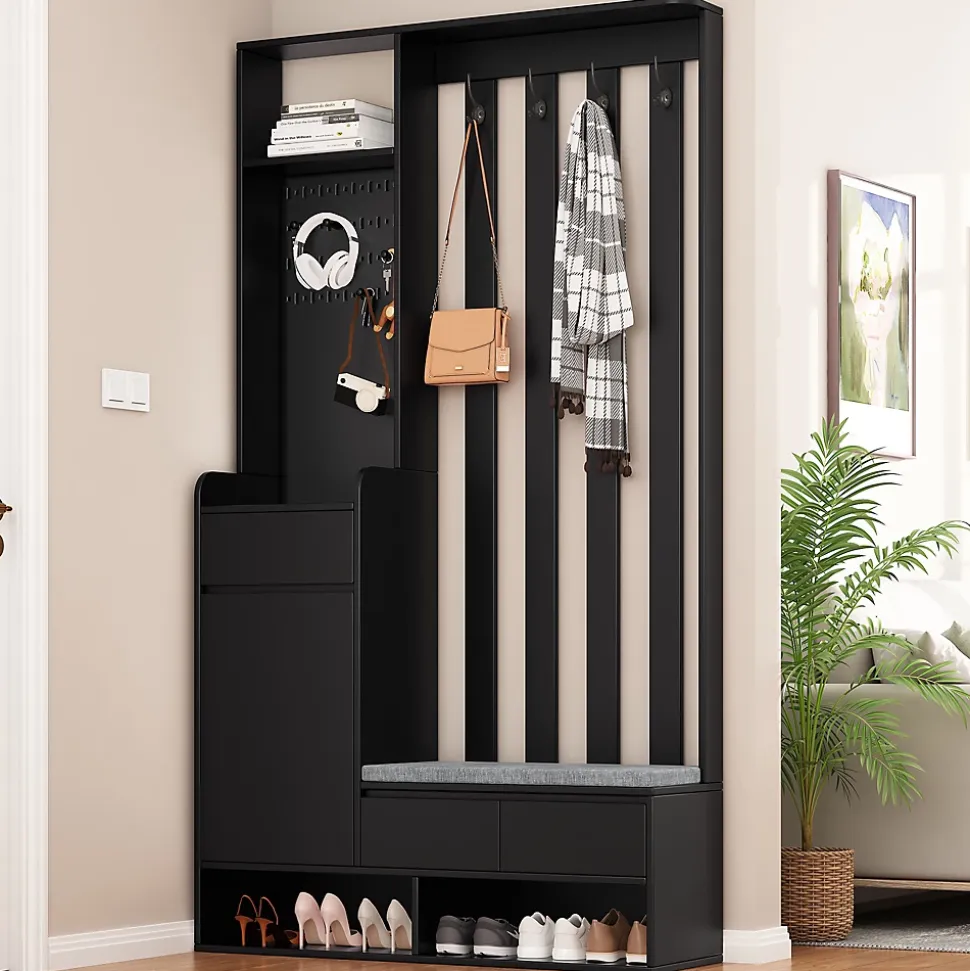 Meuble d'entrée Moderne avec Banc de Rangement et 4 Patères - Portemanteau Multifonction avec Panneau Mural - Noir - 100x35x180 cm