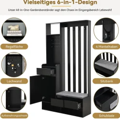Meuble d'entrée Moderne avec Banc de Rangement et 4 Patères - Portemanteau Multifonction avec Panneau Mural - Noir - 100x35x180 cm