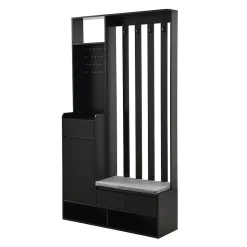 Meuble d'entrée Moderne avec Banc de Rangement et 4 Patères - Portemanteau Multifonction avec Panneau Mural - Noir - 100x35x180 cm