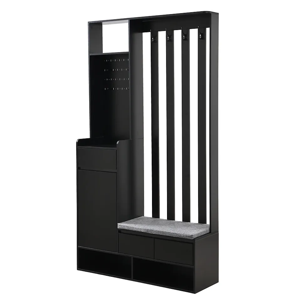 Meuble d'entrée Moderne avec Banc de Rangement et 4 Patères - Portemanteau Multifonction avec Panneau Mural - Noir - 100x35x180 cm